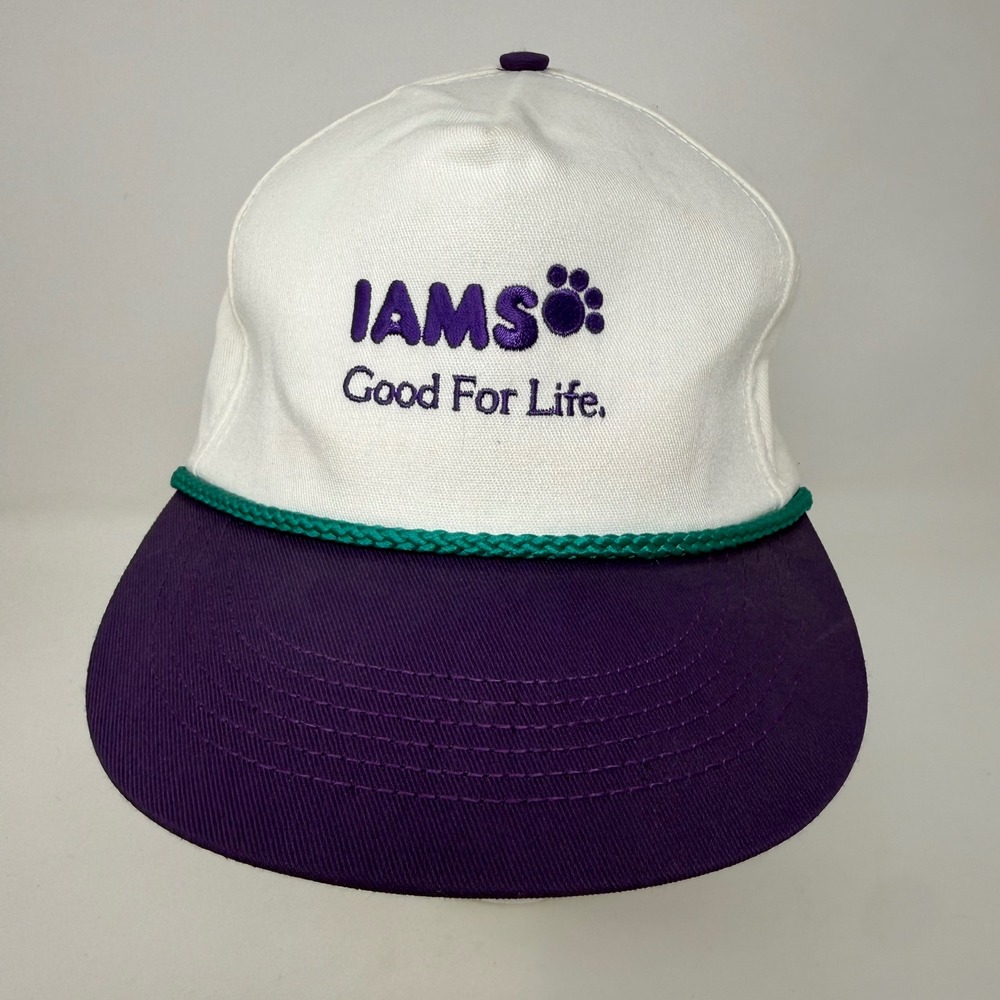Vintage Iams Dog Food Snapback Hat White Purple Rope Cap Made in USA 90s